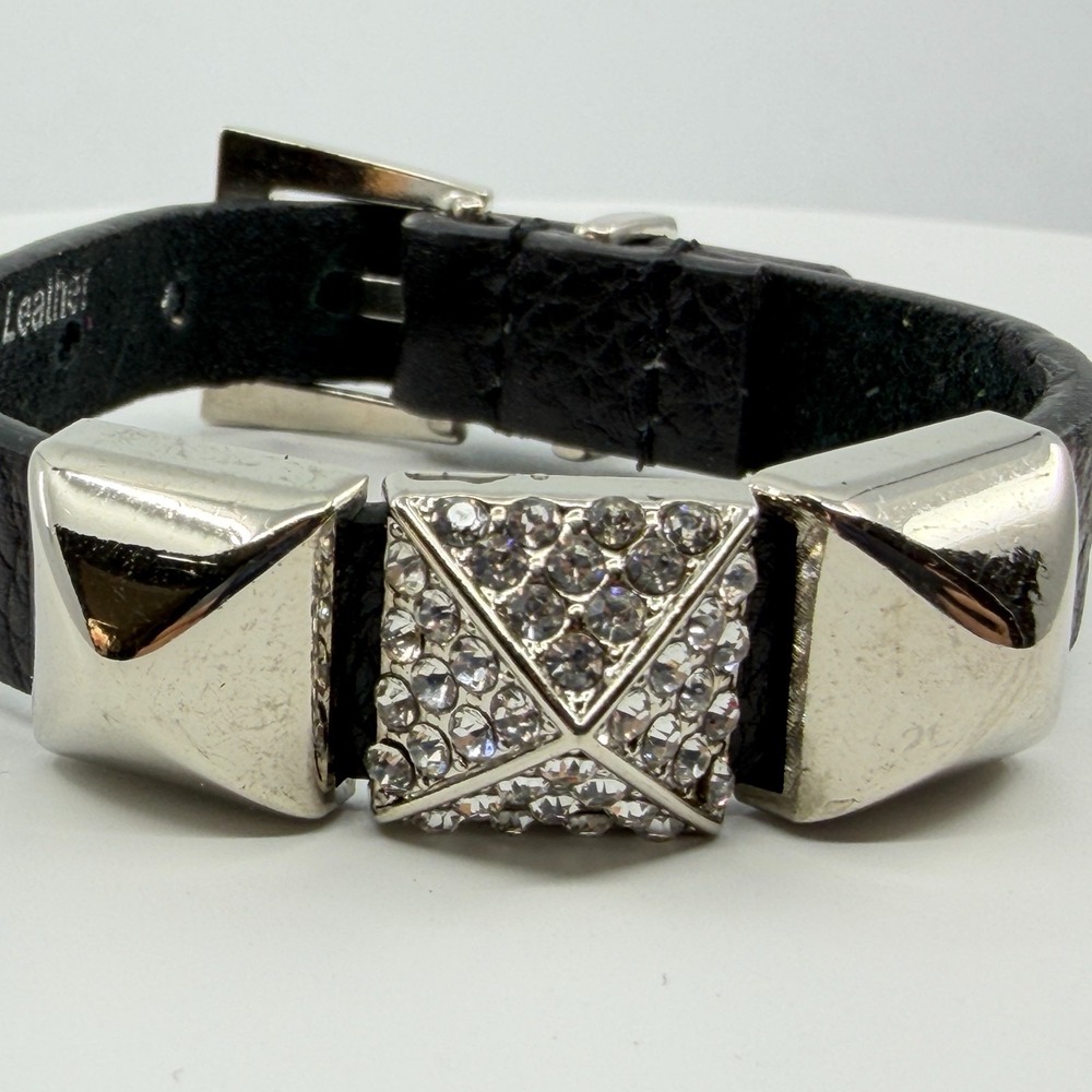 Genuine Leather Crystal Buckle Bracelet Gothic Punk Statement Cuff Accessory - Picture 4 of 12